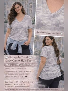 🌫️ Heritage by Torrid Gray Camo Slub Tee – Size 2 – Soft Casual V-Neck